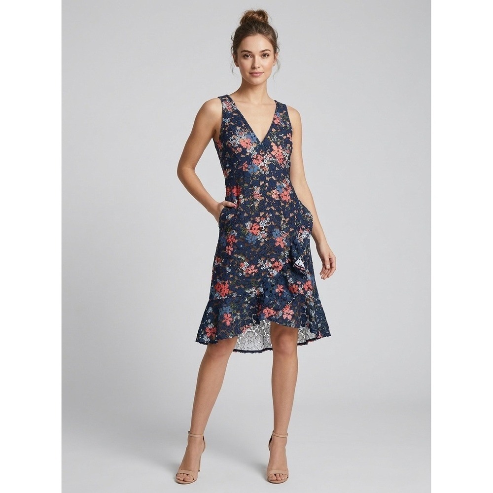 Michael Michael Kors Navy Floral Lace High Low Ruffle V-Neck Dress Size 00